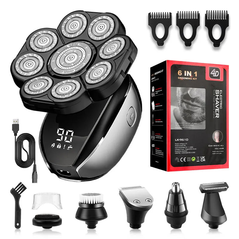 Black 6-in-1 rechargeable haircut suit with shaver, clipper, trimmer, and attachments on a stand.