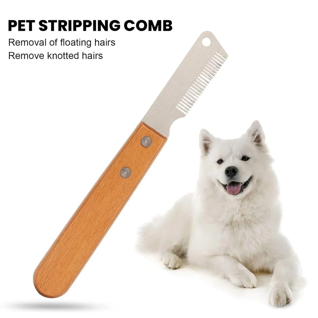 Pet stripping comb grooming tool with wood handle and metal teeth for dogs and cats.