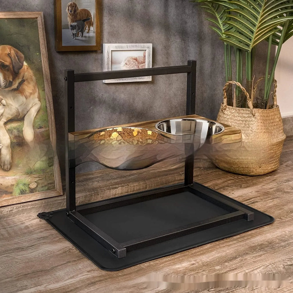 Large raised dog bowl stand with two bowls, iron frame, 42x30x40cm, 5-inch, 9-inch and 13-inch heights