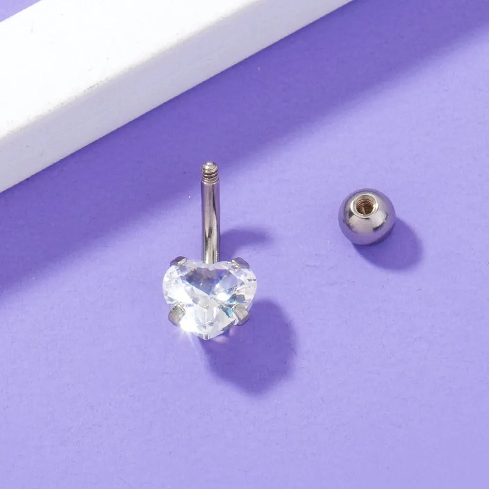 Stainless Steel Heart-shaped Zircon Navel Pin Body Piercing Jewelry for Women Europe America Style Electroplated Belly Button Ring Width 0.8 cm Height 1.8 cm Copper Zircon Material