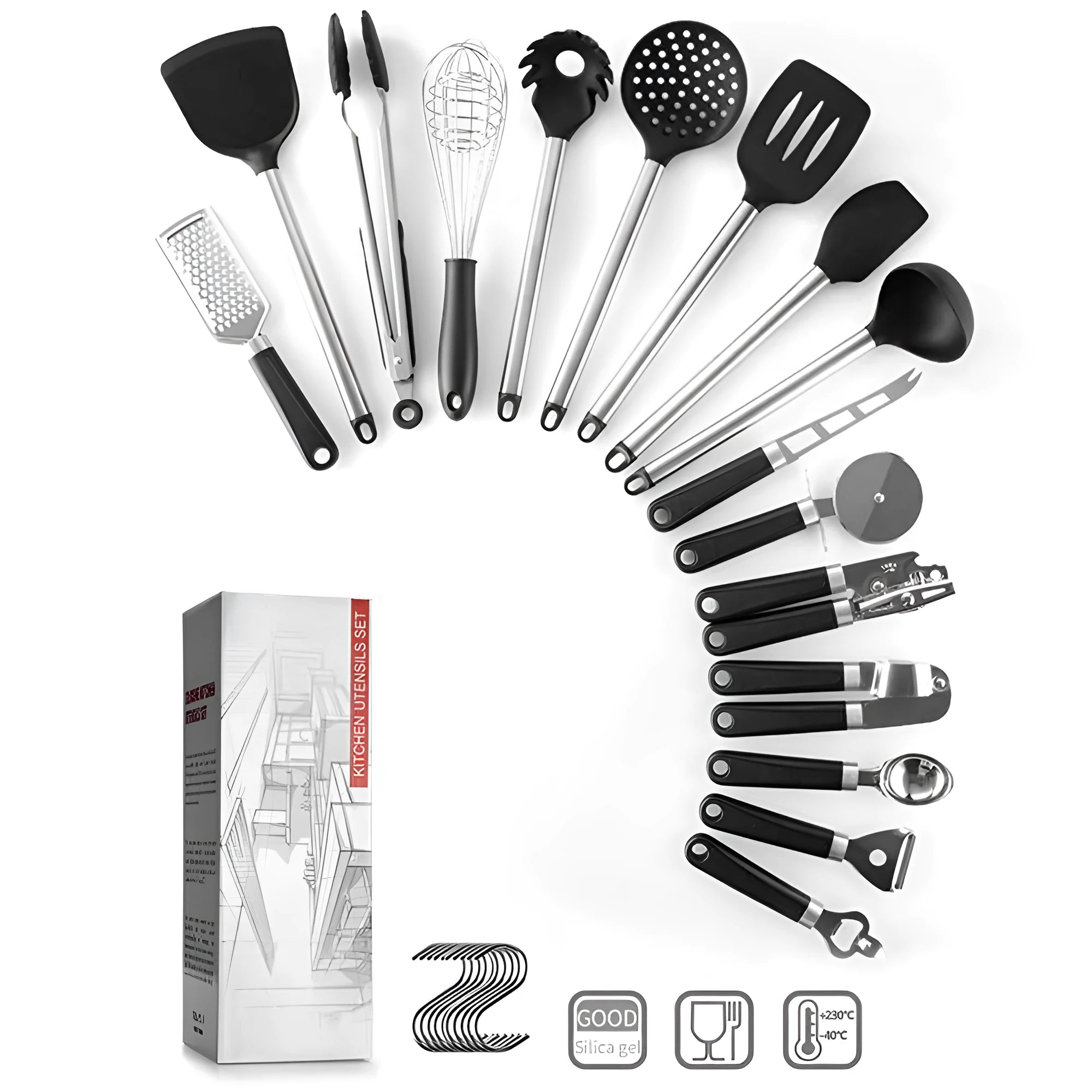 Black silicone spatula spoon set with stainless steel handles - 16 piece kitchen utensil collection