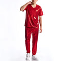 Men's bronzing disco suit set with short sleeve top and shorts in dark grey, silver, red or yellow, sizes S to 2XL