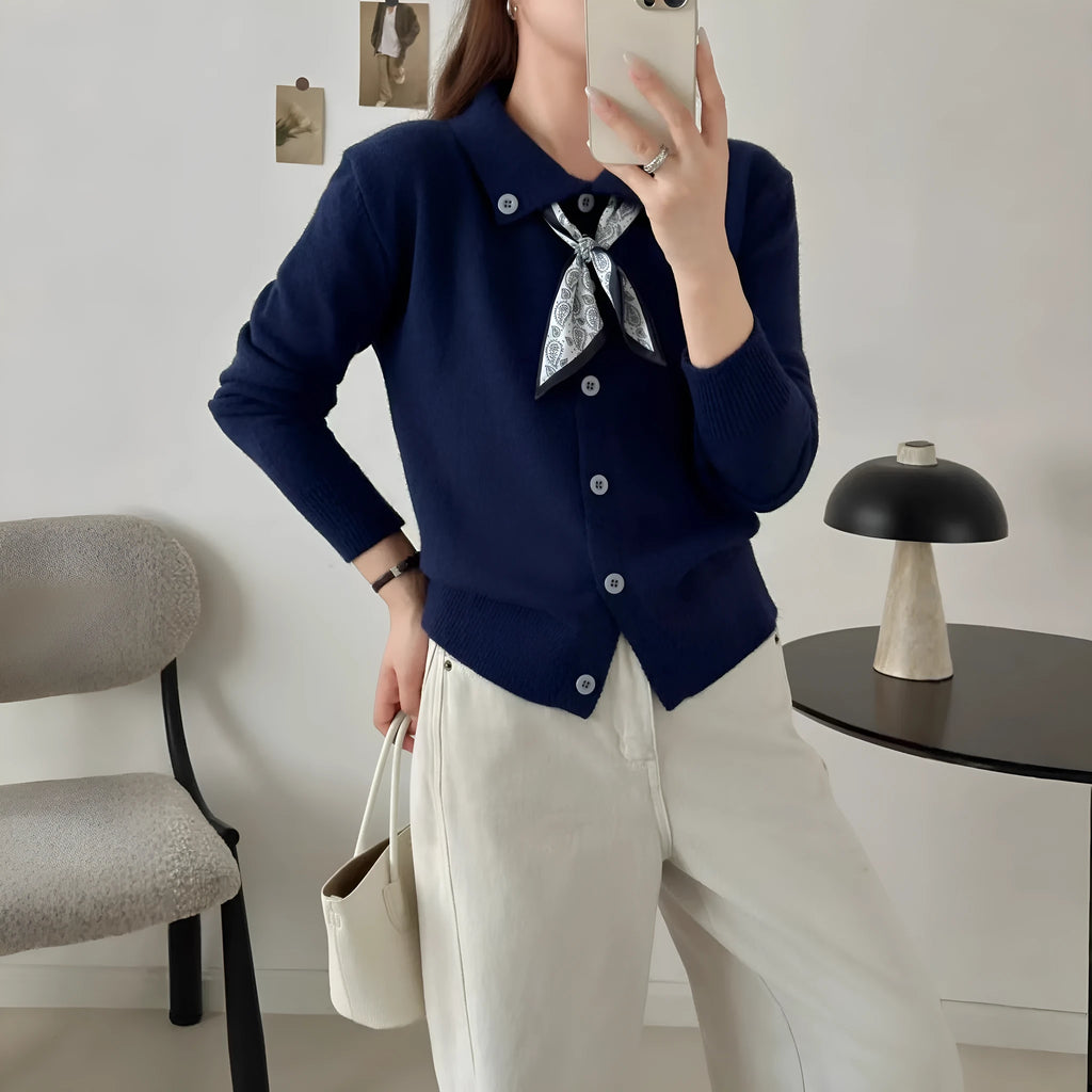 Lapel scarf cardigan sweater in acrylic, shown in milky white, grey, black, and navy blue colour options.