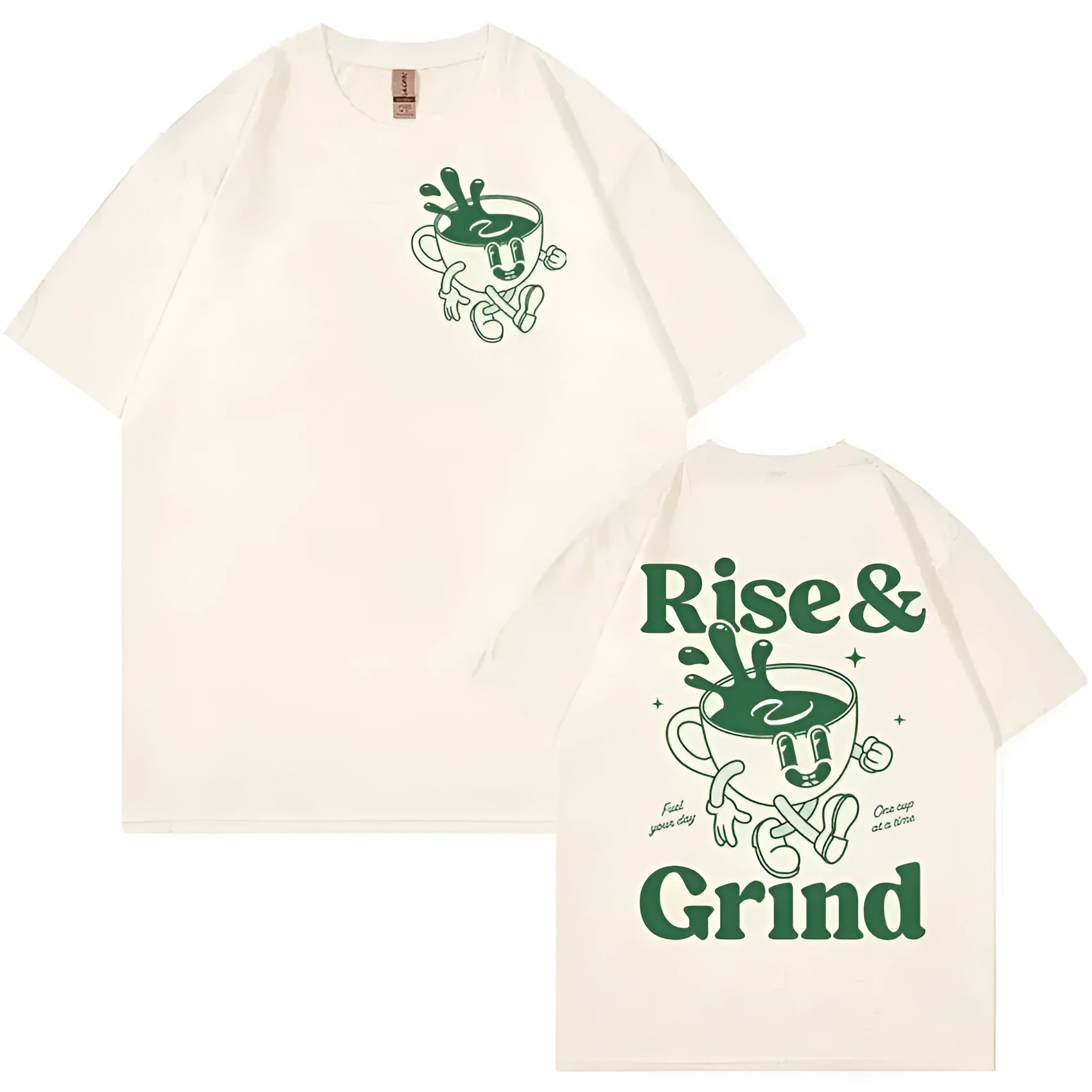 Loose fit linen t-shirt with Rise And Grind Green Coffee cartoon graphic print, shown in multiple colour options.