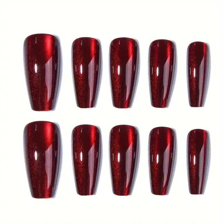 Cat eye mid-length European square wearable false nails, 24 pieces with jelly glue option