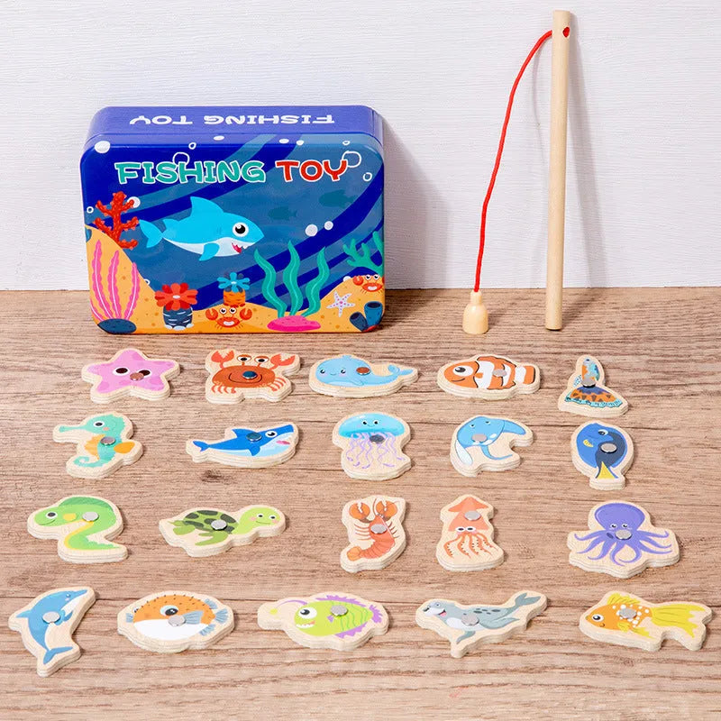 Children's magnetic fishing toy wooden iron box 20 fish and 1 fishing rod for infants