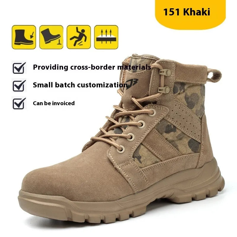 Khaki suede high-top safety combat boots with a steel toe cap and black rubber sole, shown with laces.