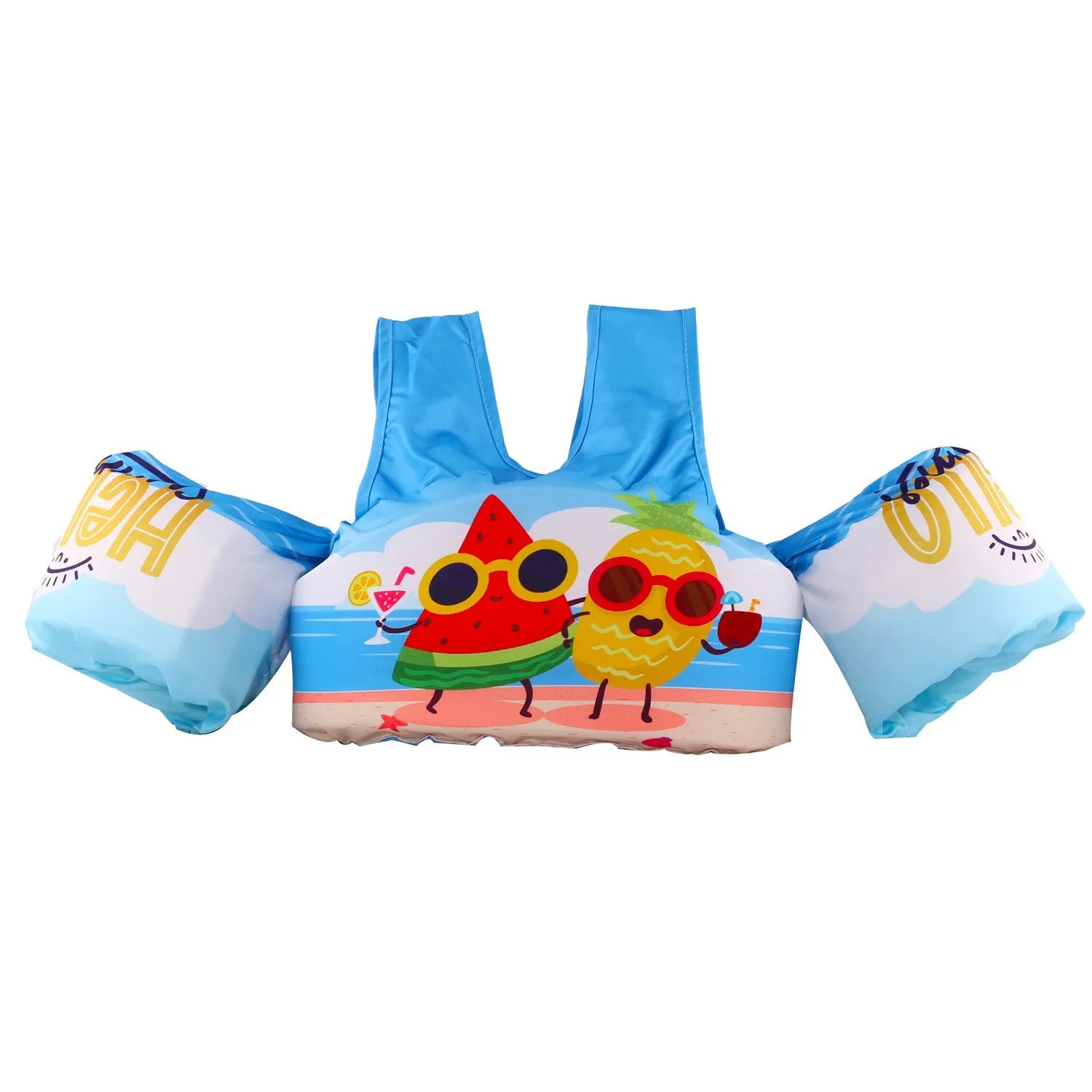 Children's polyester swimsuit with integrated lengthened arm swimming ring in cartoon pattern