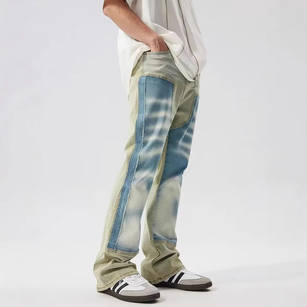 Yellow and blue retro patchwork splash-ink damaged design jeans with mid waist and zip fly
