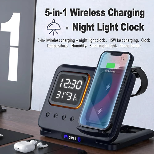 Black and white 15W wireless charging stand with LED digital display showing time, humidity and temperature readings