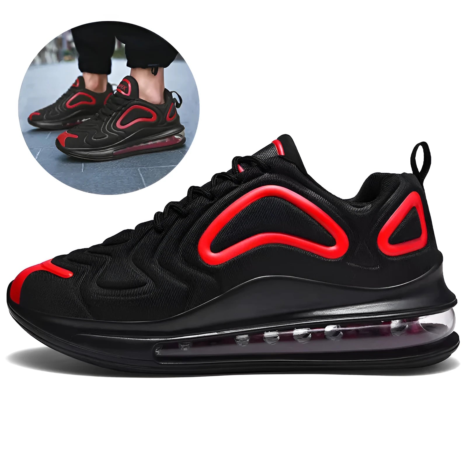 Men's black air cushion running sneakers with lace-up design and thick sole