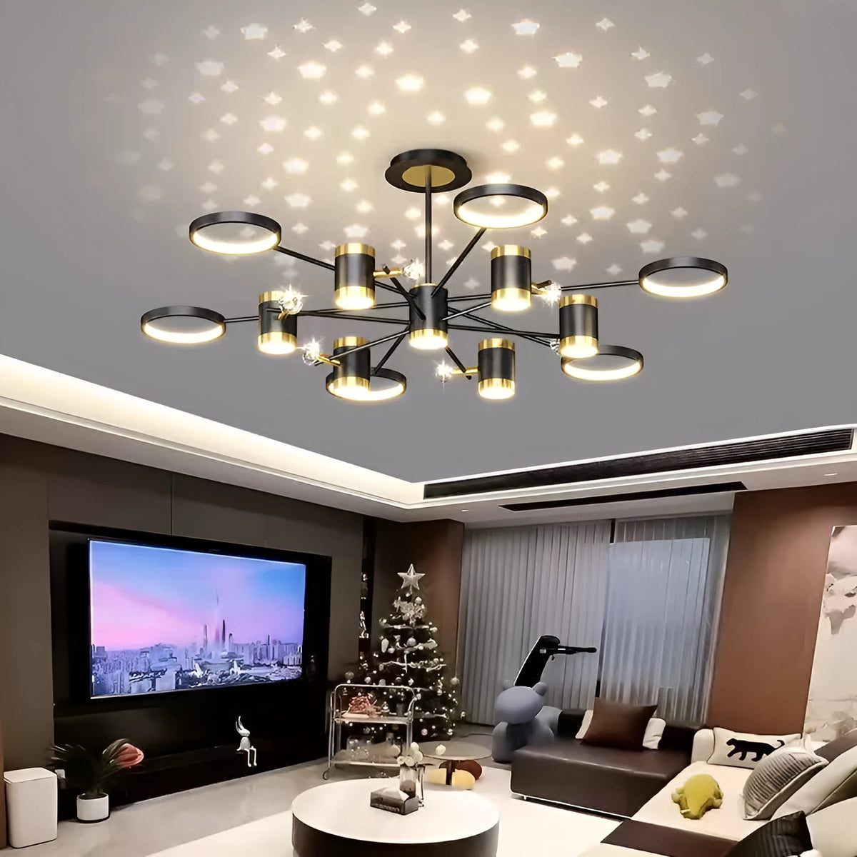Black iron chandelier with 13 LED heads and 1000mm diameter hanging in a living room