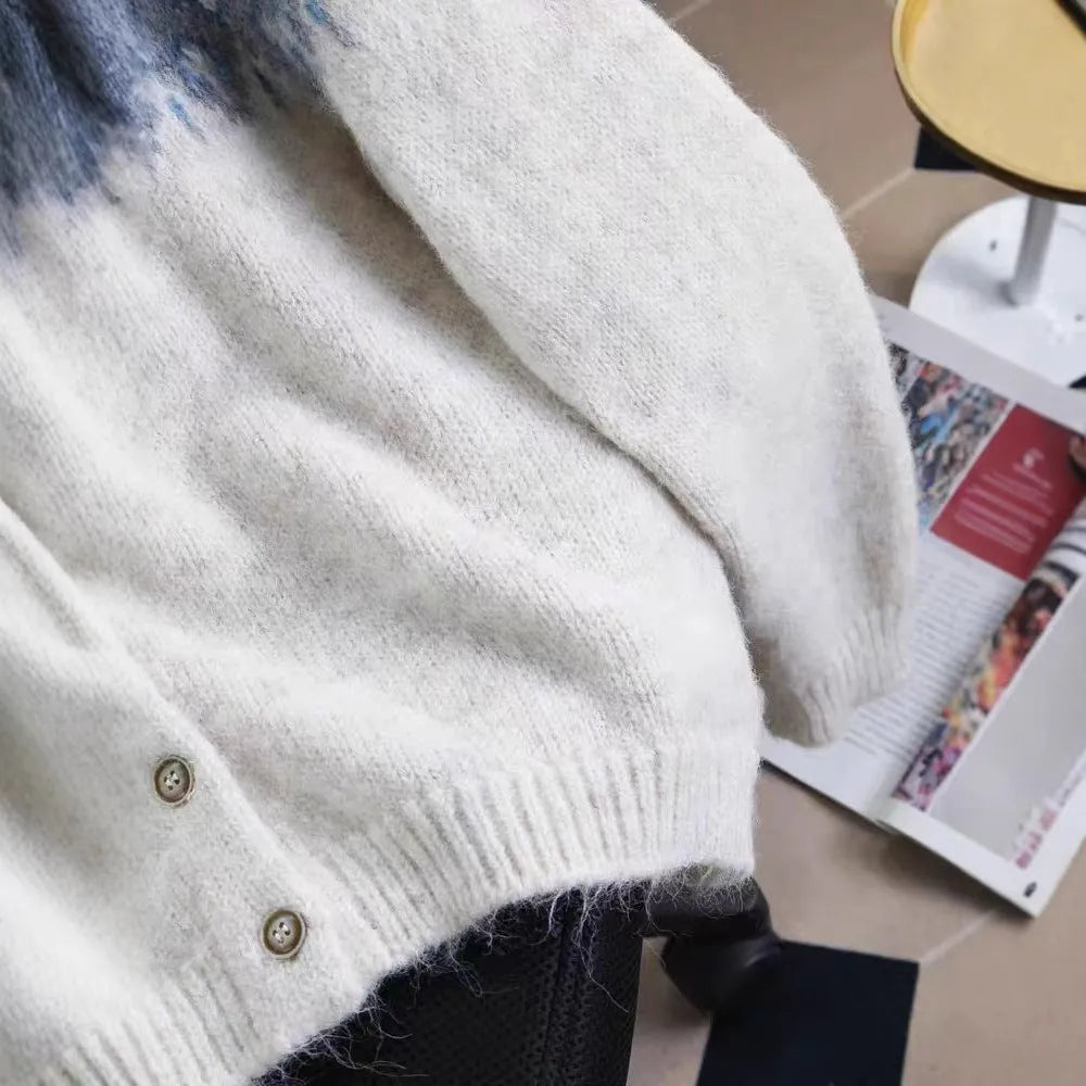 Women's loose-fit jacquard knit sweater coat in beige, brown, or navy blue.