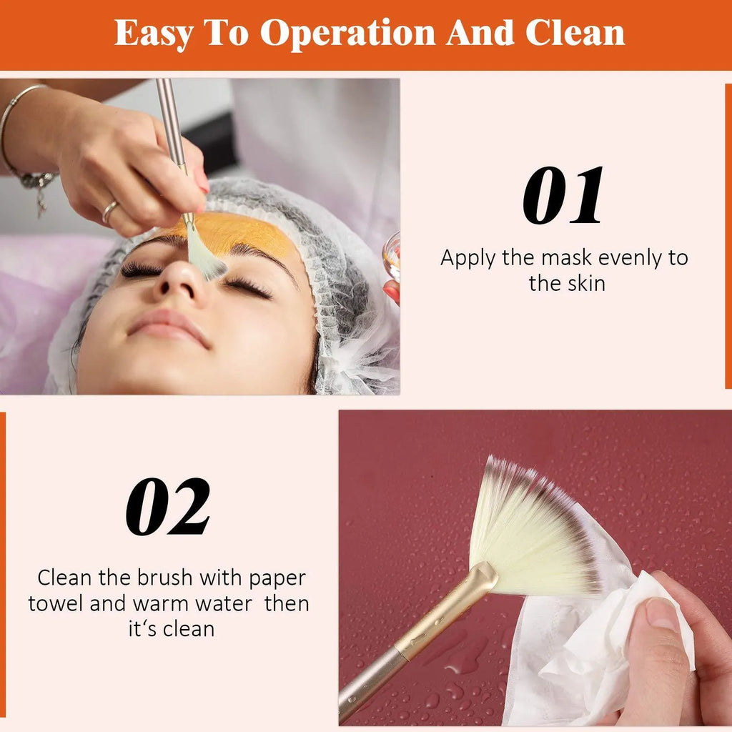 Ten professional champagne-coloured facial fan brushes with acrylic handles and protective covers.