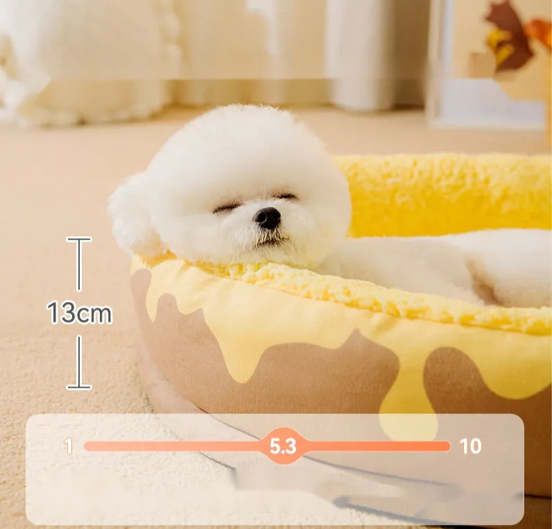 Grey and yellow washable pet bed for dogs and cats with detachable velvet lining