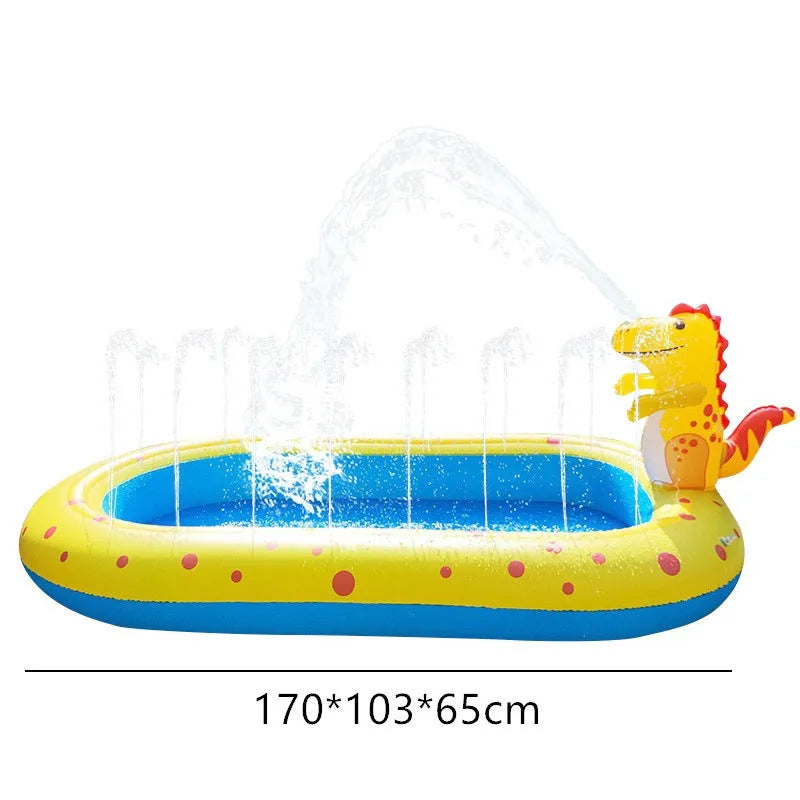 Blue dinosaur water spray play mat with inflatable shark pool for children's outdoor water games