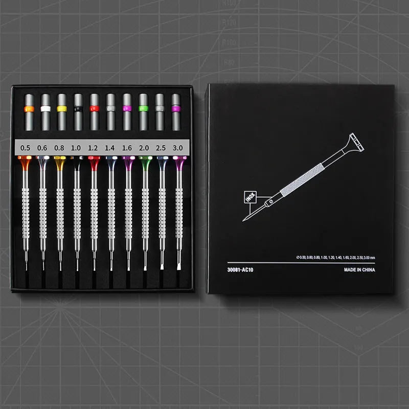10-piece watch repair screwdriver set with multiple handles and 20 spare drill bits