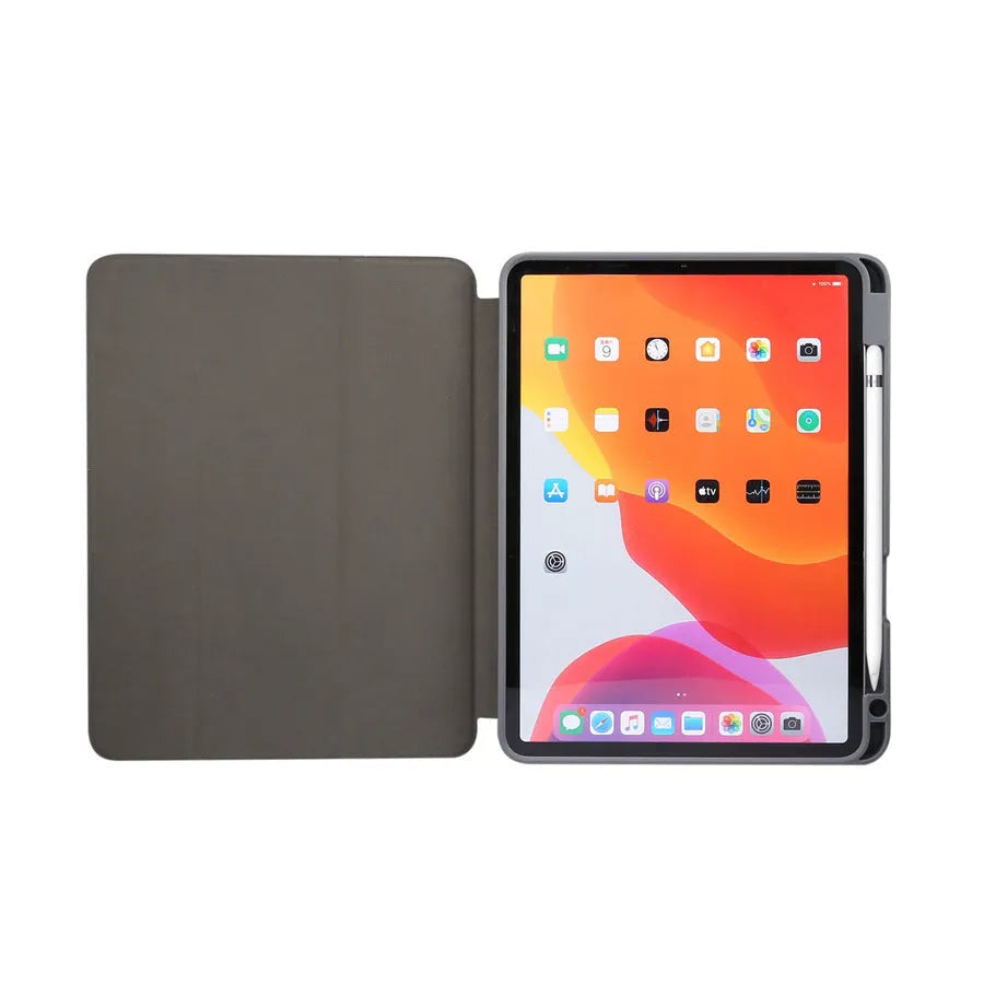 Tri-fold marbling pattern iPad leather case in dark grey with a visible stylus pen slot.