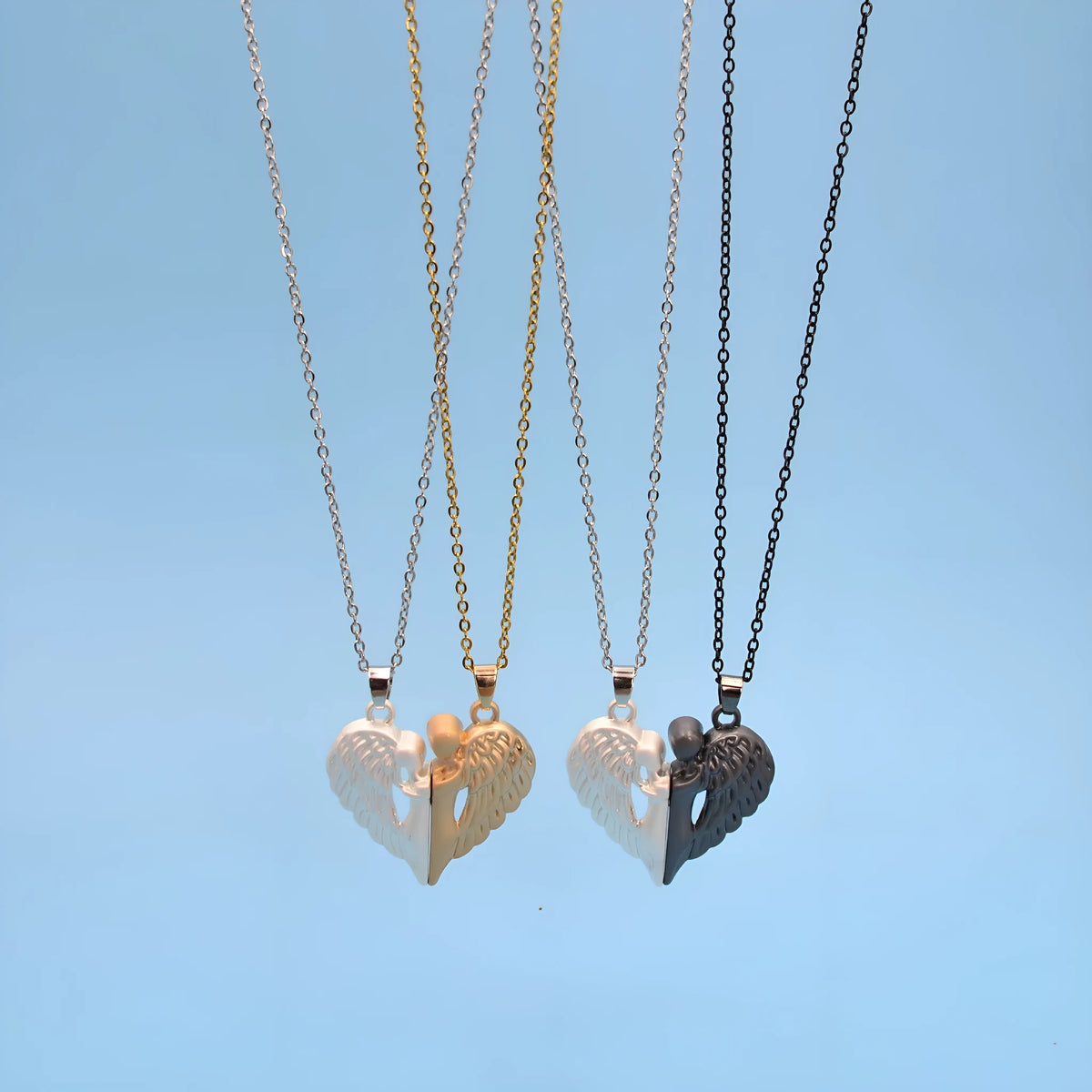 Couple magnet hug necklace set with alloy heart and wing pendant on 50cm stainless steel chain in black silver or gold silver