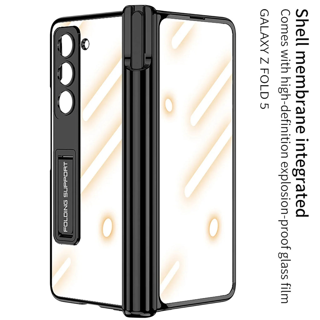Electroplating transparent phantom magnetic hinge pen holder phone case for Samsung Z Fold 5 in Holiday Blue, PC hard shell with bracket and shockproof protection.