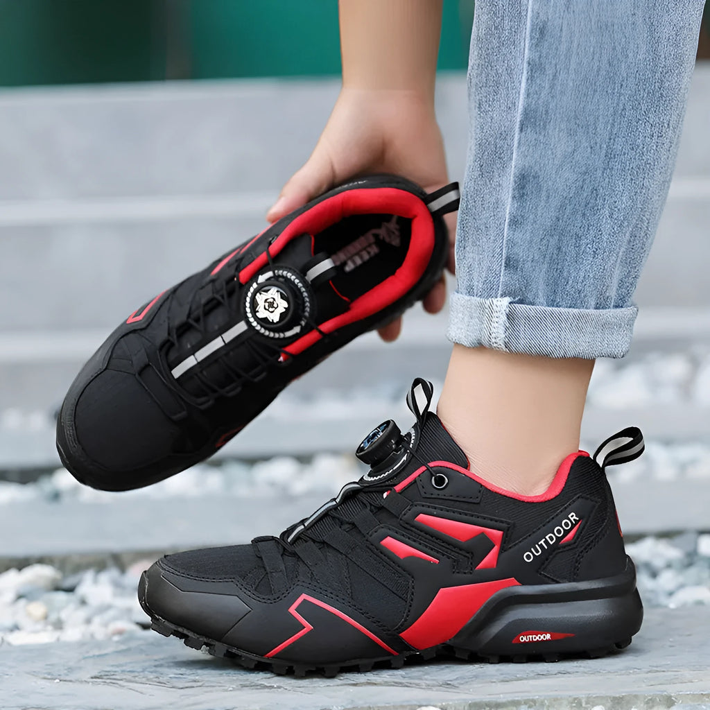 Men's beige, black, and black red lightweight hiking shoes with elastic band closure and rubber sole