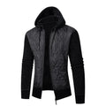 Men's grey hooded corduroy sweater coat with a cinched waist, shown on a hanger.