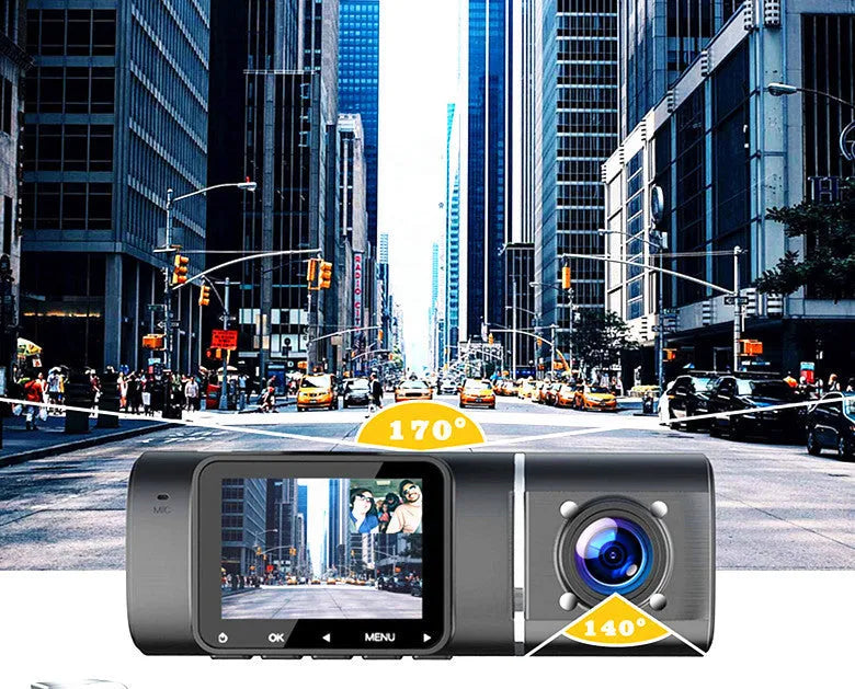 Standard black dual-channel dash camera with 1.5-inch screen on car windscreen.
