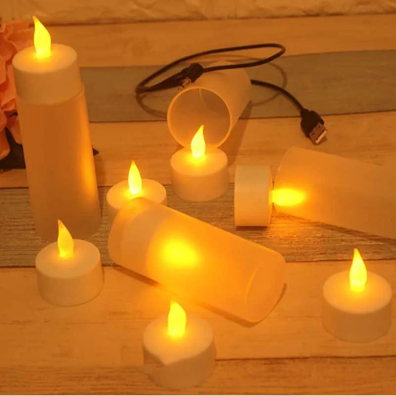 White plastic USB rechargeable LED candle lamp, 4cm base, 5.5cm flame head, yellow white colourful light