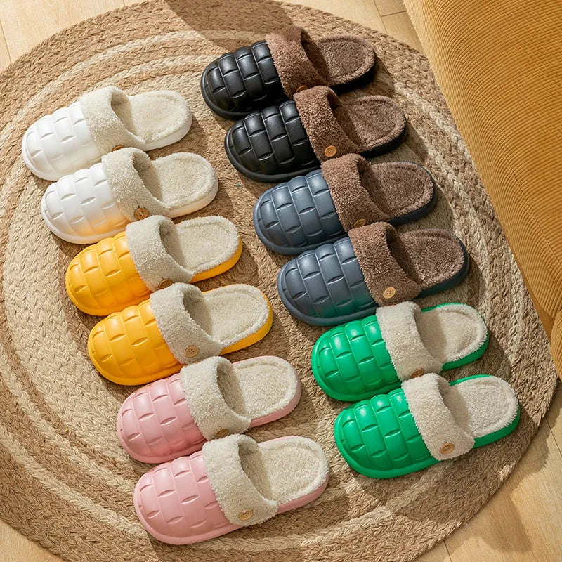 Women's detachable plaid slippers with plush lining and EVA anti-skid sole in multiple colours.