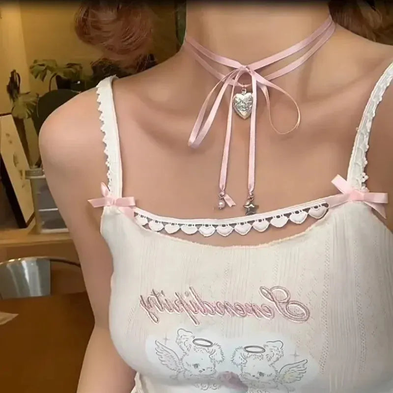 Women's ribbon love pendant fashion necklace on clavicle chain in alloy with electroplated finish
