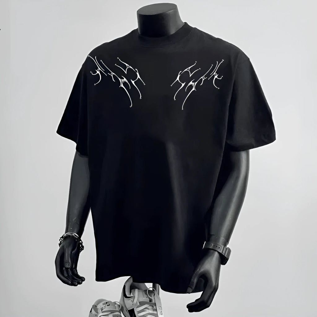 Men's white and black pure cotton loose fit short sleeve t-shirt showing front printing detail
