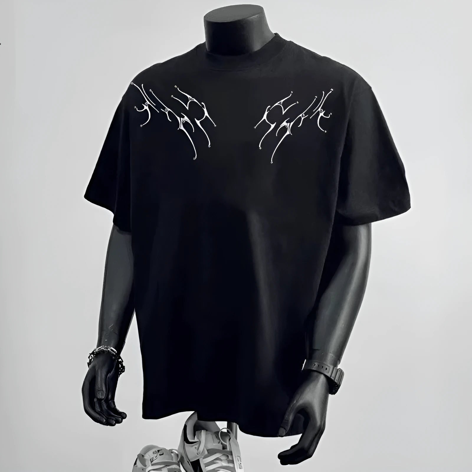 Men's white and black pure cotton loose fit short sleeve t-shirt showing front printing detail