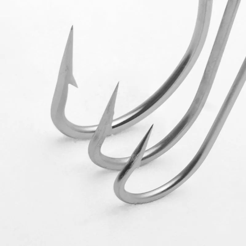 Set of stainless steel alloy sea fishing hooks showing multiple hook style specifications for ocean boat fishing