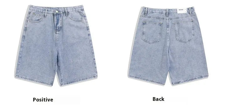 Men's straight-leg denim shorts in light blue, black, white, and gray with mid-waist zip fly design