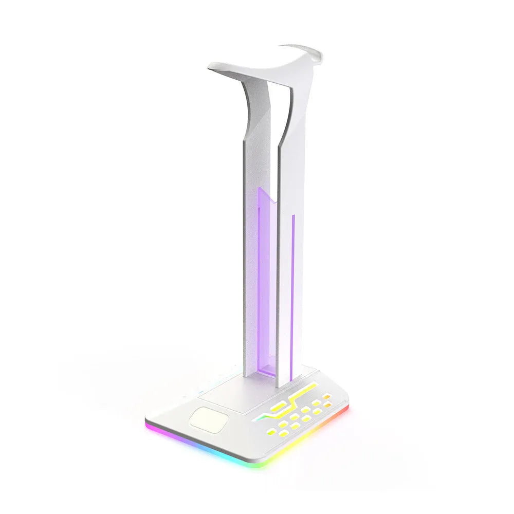 RGB headphone display stand with colour changing lights and dual USB ports in acrylic construction