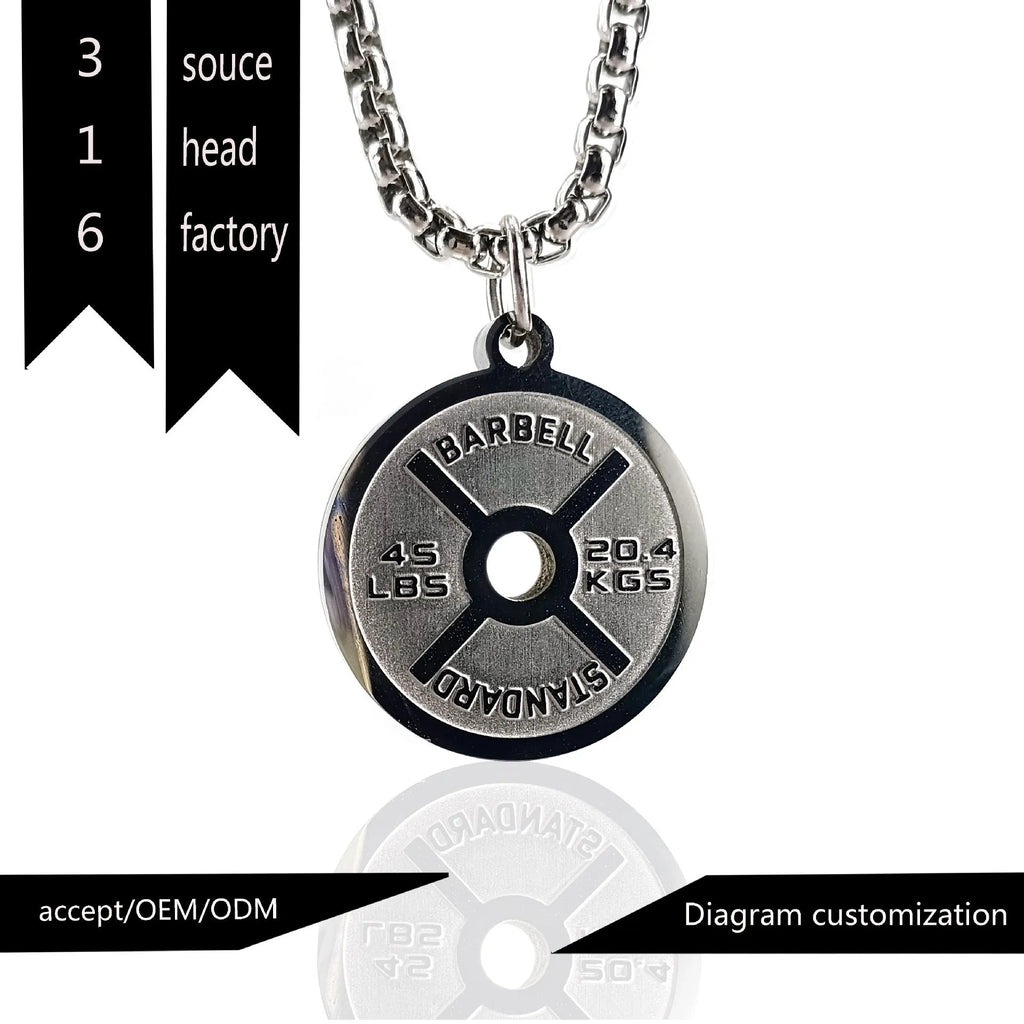 Stainless steel geometric barbell disk pendant necklace on a black chain, with gold and pearl chain options shown.