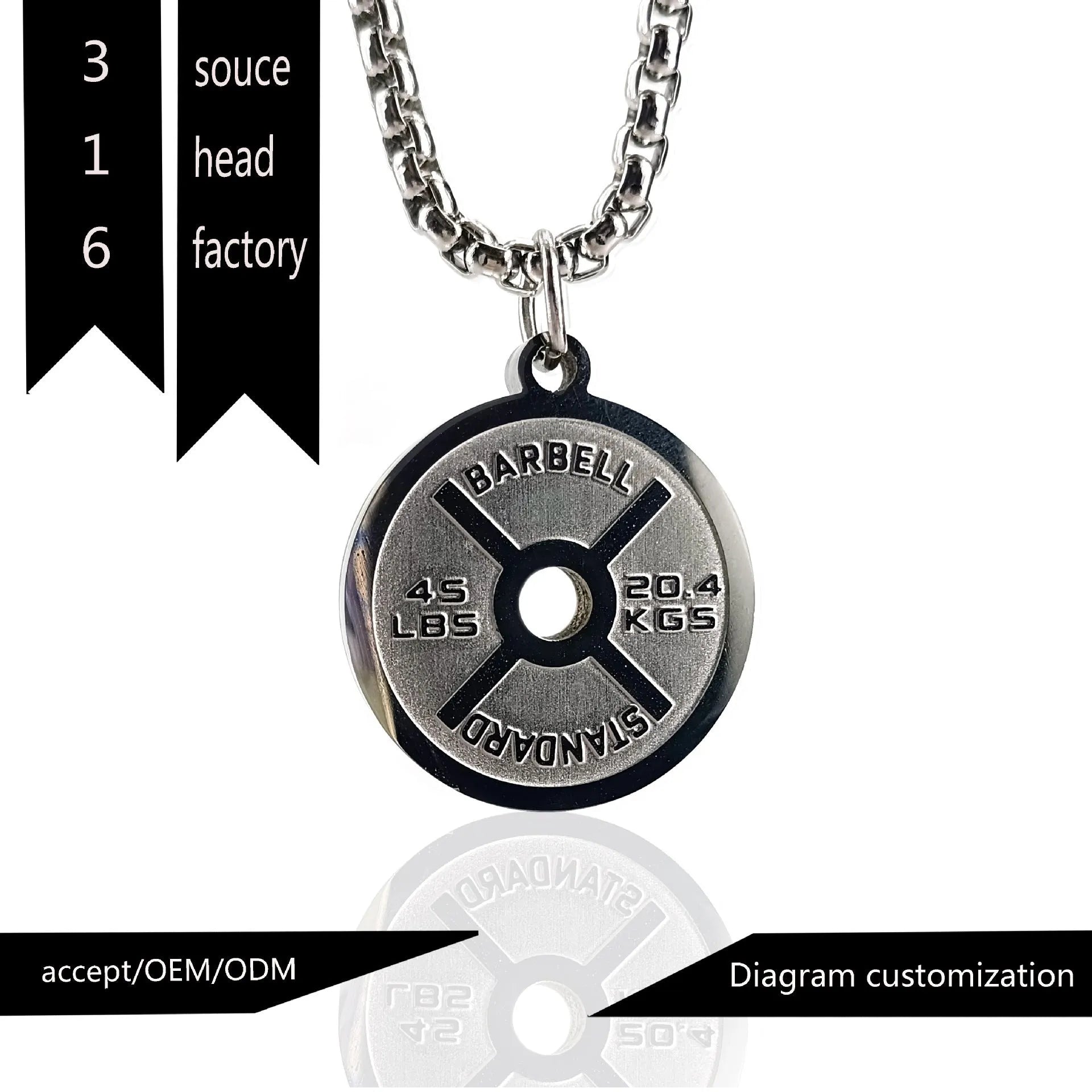 Stainless steel geometric barbell disk pendant necklace on a black chain, with gold and pearl chain options shown.