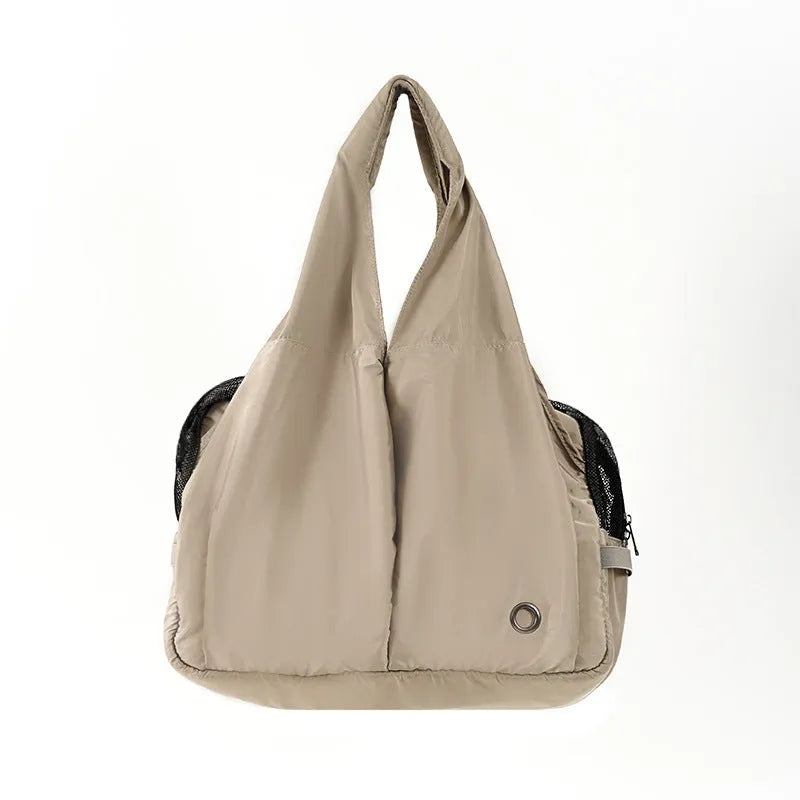 Apricot cloth pet handbag with dimensions 41 x 16 x 28 cm for summer outdoor use