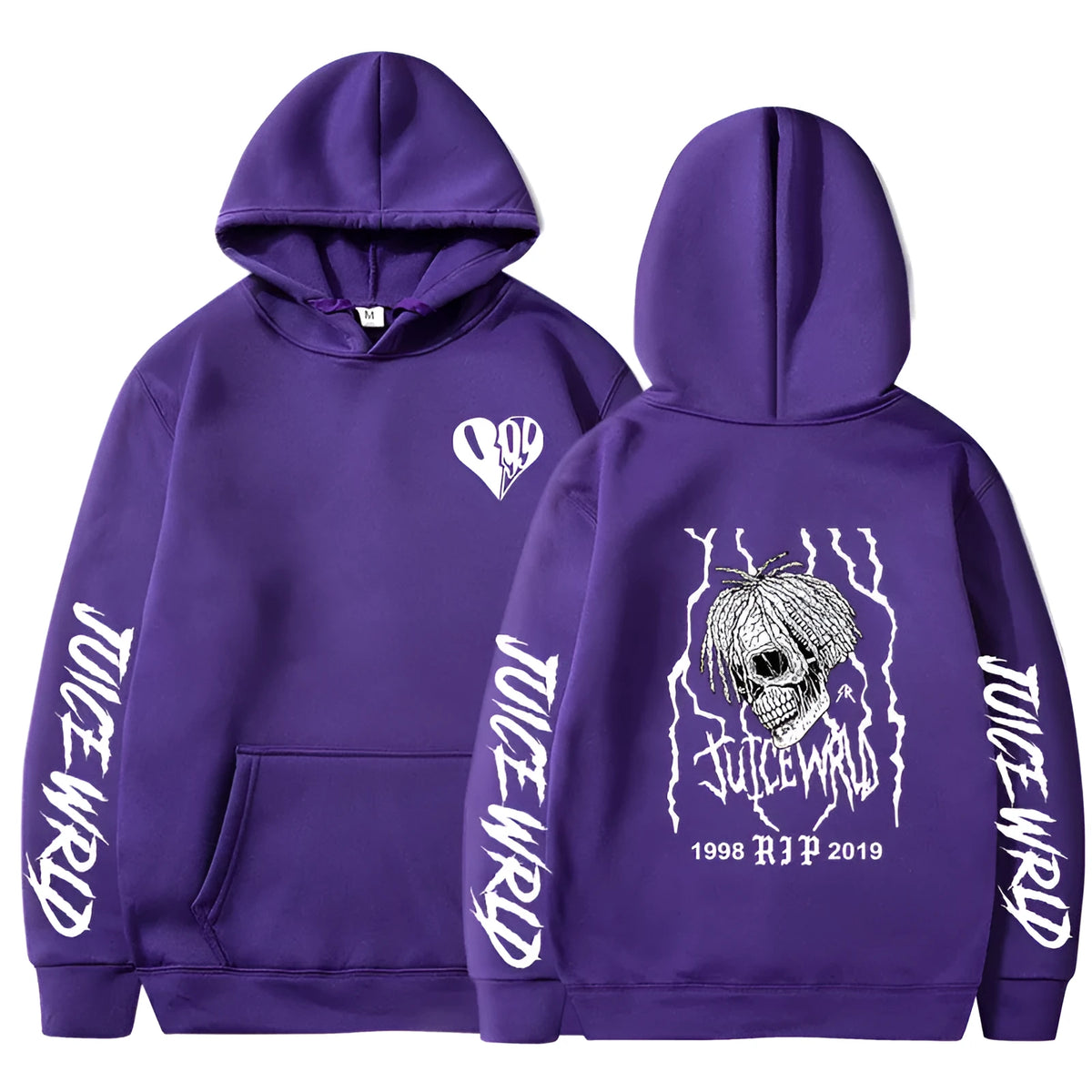 Printed loose hoodie unisex cotton blend long sleeve in white or black, sizes S to XXXL