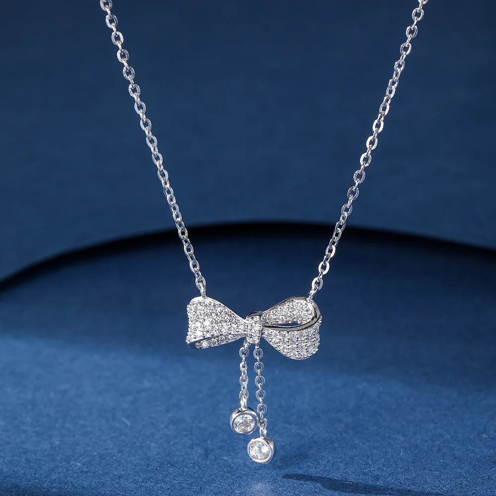 S925 sterling silver bow clavicle chain necklace with adjustable 40cm-45cm O-ring chain and electroplated finish