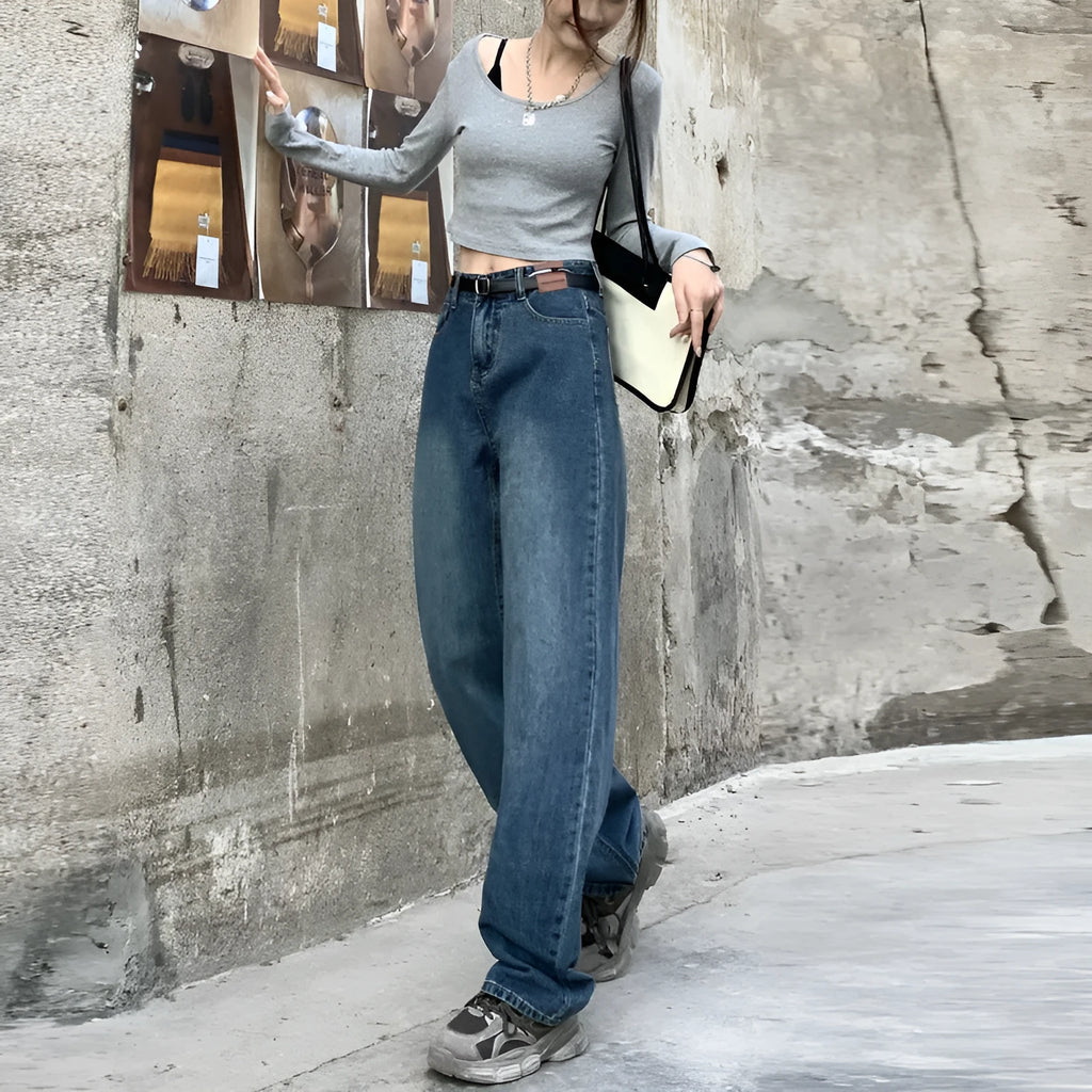 Women's retro blue high waist straight leg jeans showing three length options