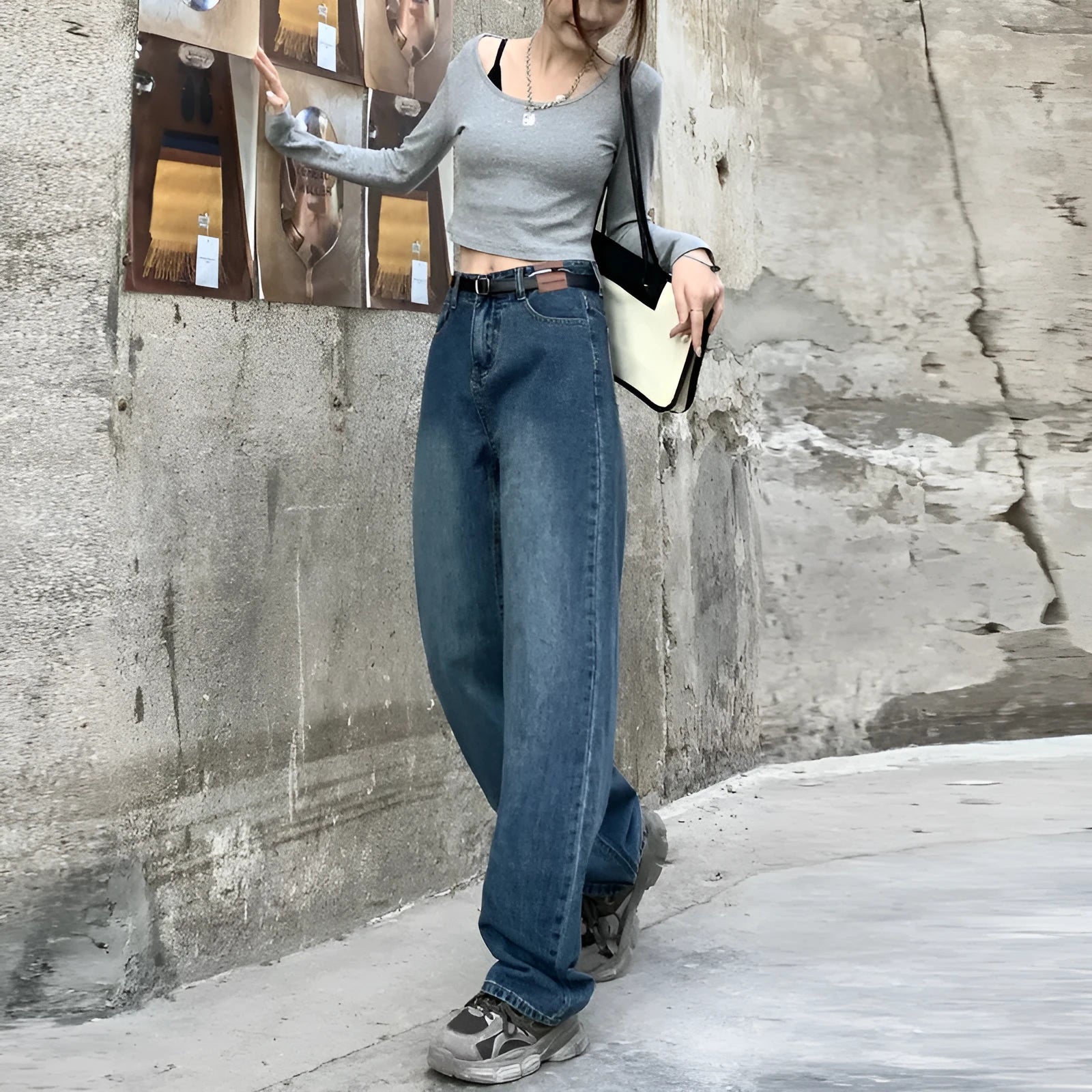 Women's retro blue high waist straight leg jeans showing three length options
