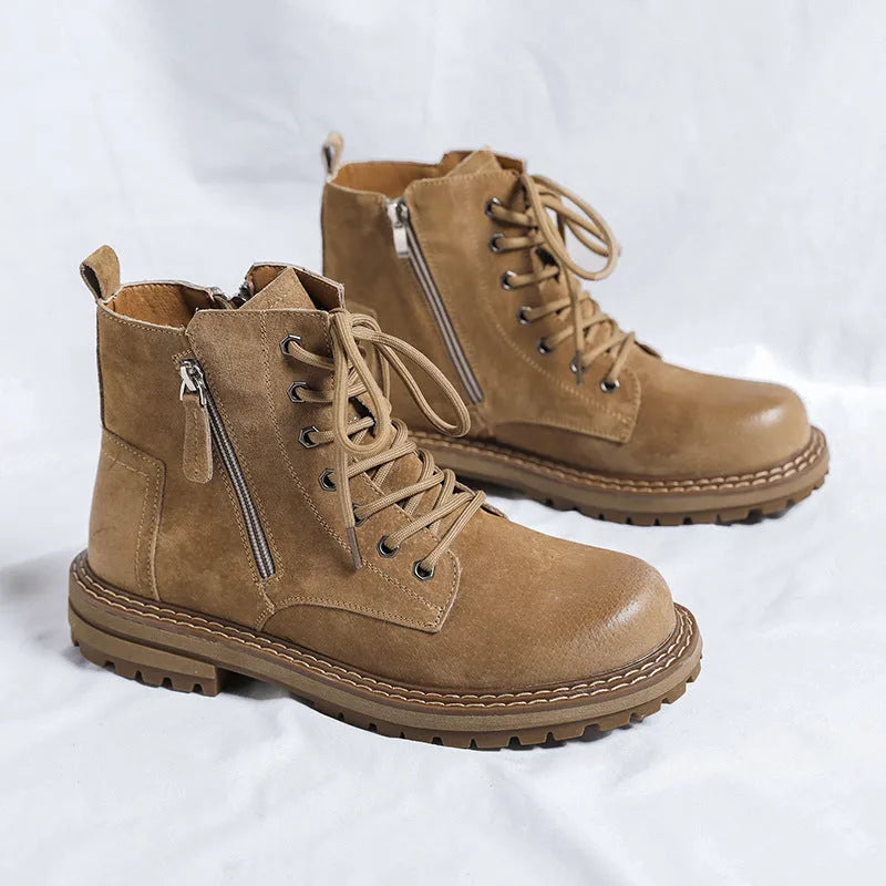Side zip ankle boots with pigskin upper, seven-hole lace-up, English muffin heel, in black, khaki or yellow