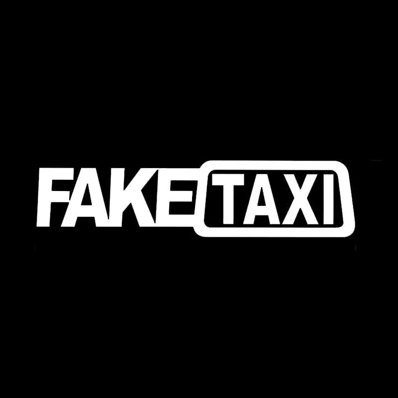 FAKE TAXI car warning sticker in black text on a white background, showing 20x8cm dimensions.