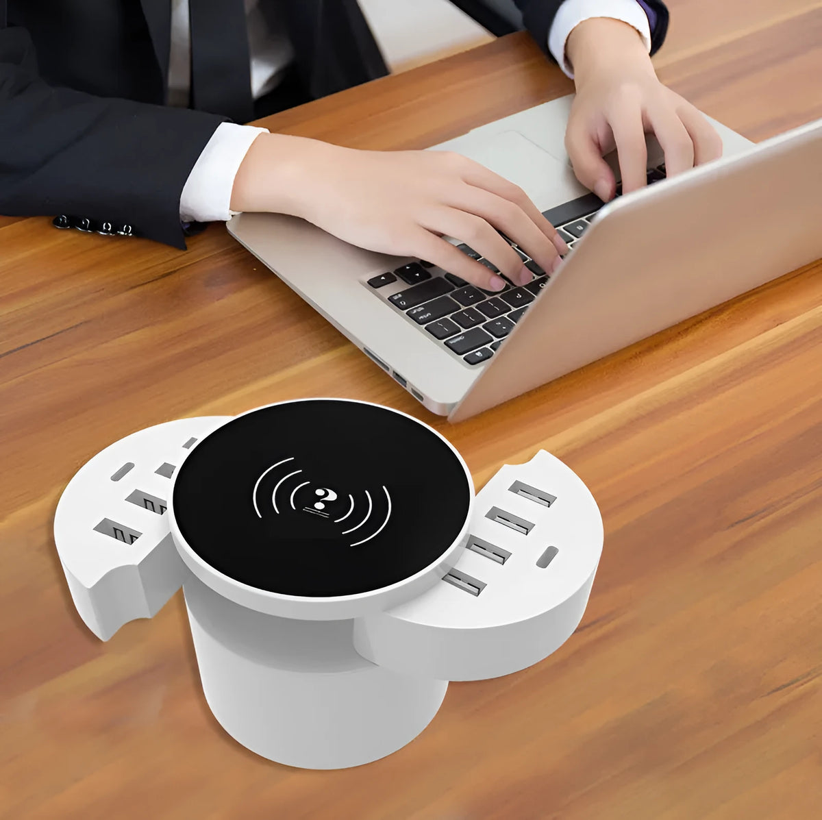 Ceramic white circular multi-port wireless charger with international plug adapters