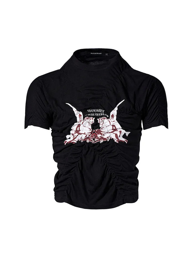 Black men's slim fit short sleeve t-shirt with a printed design and round neck.