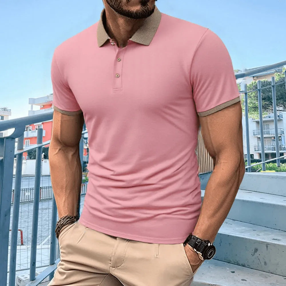 Men's summer polo shirt with short sleeves, lapel collar, flocking print detail, ice silk polyester fabric, in six colours.