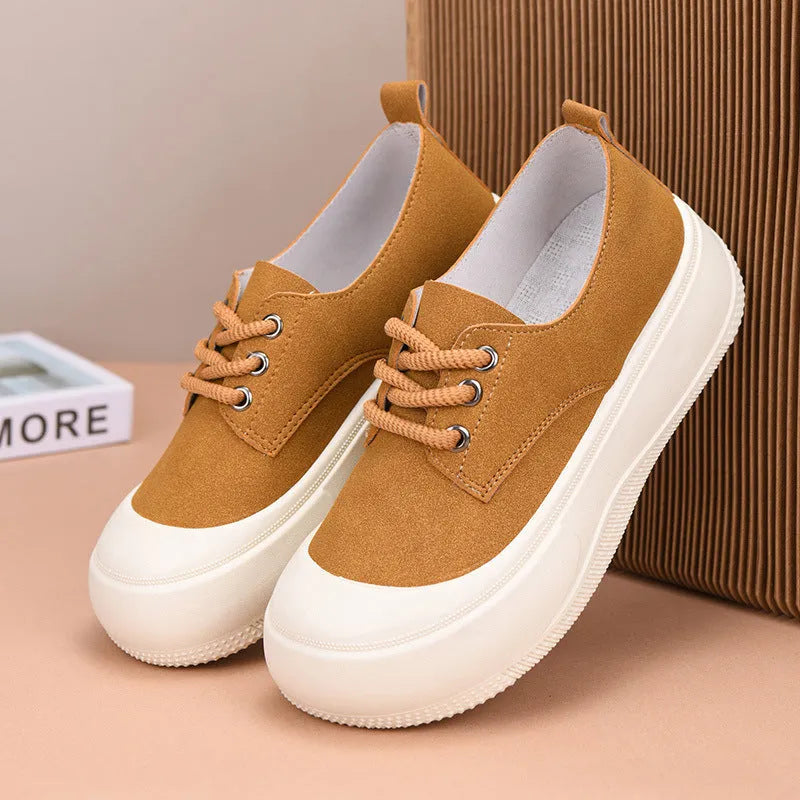Women's camel suede platform loafers with round toe, flat 4cm heel, and front lace-up.