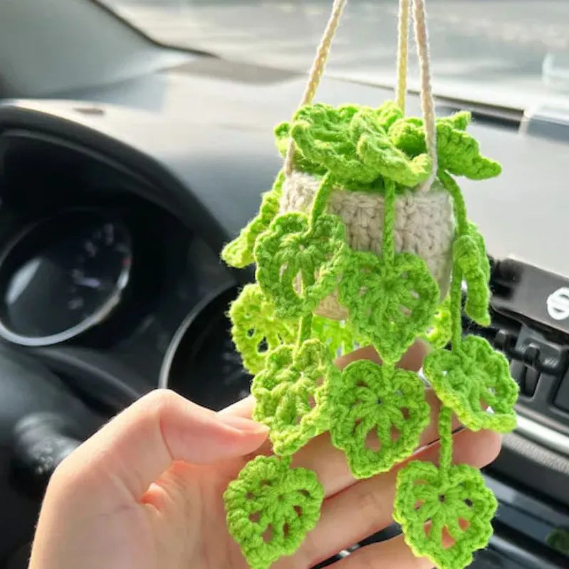 Green and white knitted wool macramé car air plant holder with hanging cord