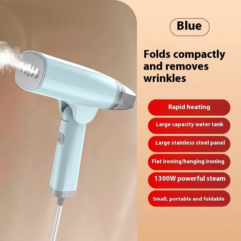 Handheld garment steamer in white or blue with compact design and water tank
